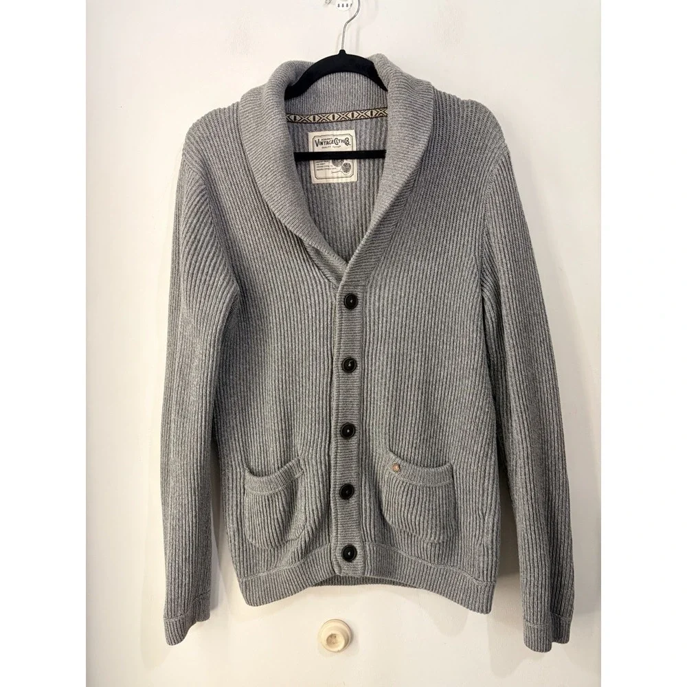 Jack & Jones Shawl Collar Cardigan Gray Rib Knit 100% Cotton Men's M